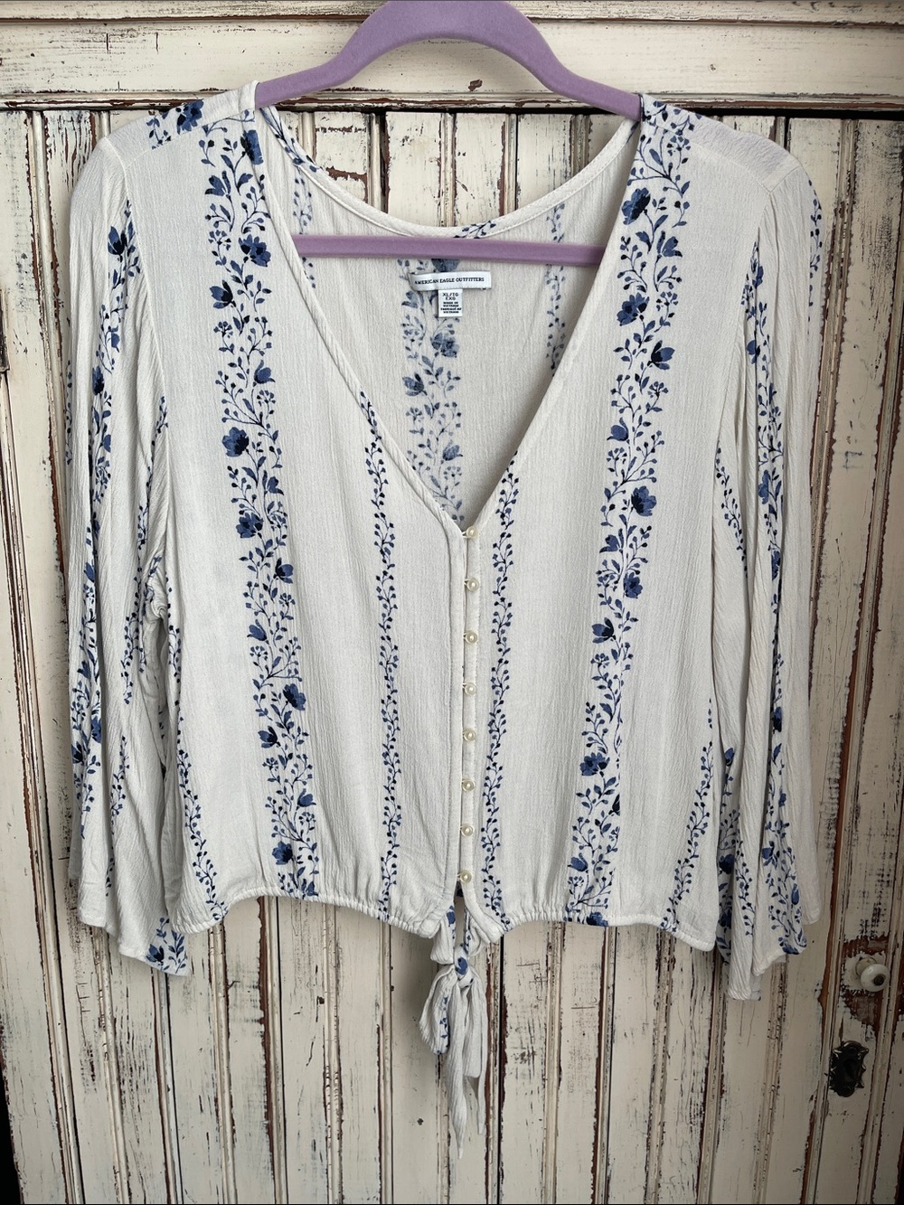 AEO White Button-Front Top with Blue Floral Stripes